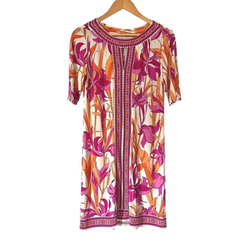 Y2K Maggy London Floral Mod Dress 2 Pink Orange Slinky Resort Vacation Retro 60s